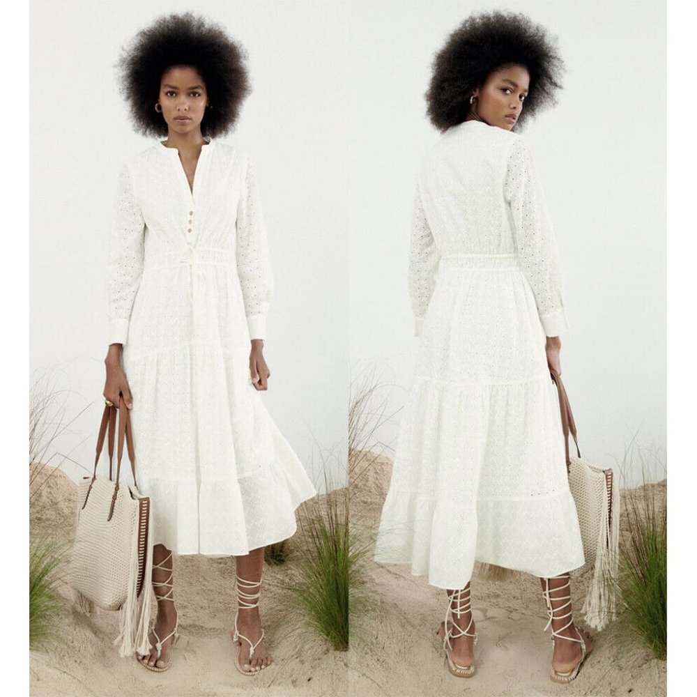 NEW zara embroidered eyelet combination oyster white dress 3163 size XS